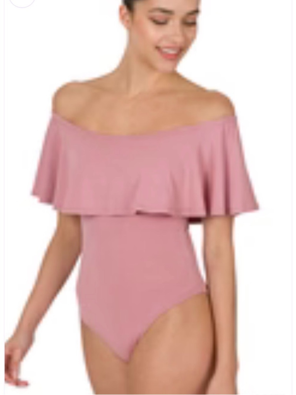 Zenana Light Rose Off Shoulder Ruffle Bodysuit Small Boho‎ Stretch Cottagecore
